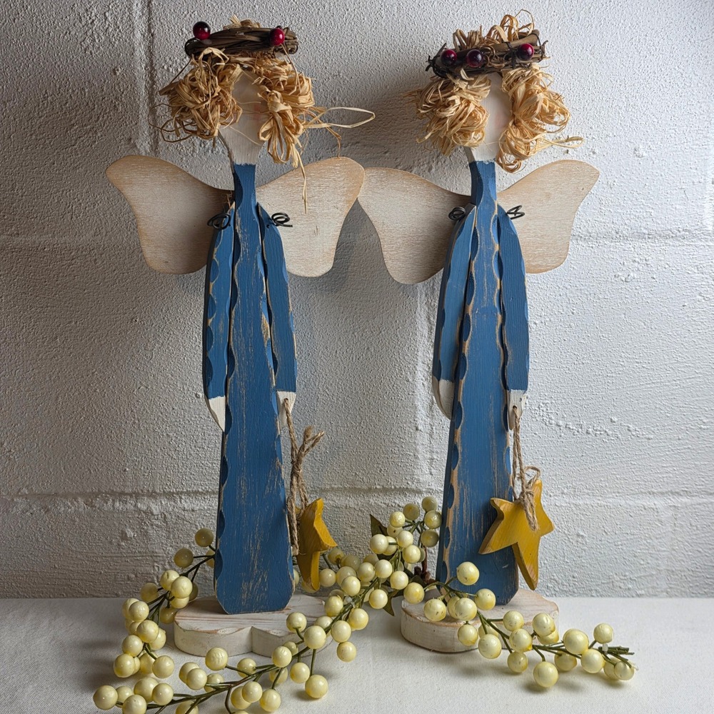 Rustic Folk Art Wooden Angel Figurines Set of 2 Distressed Blue Primitive Decor